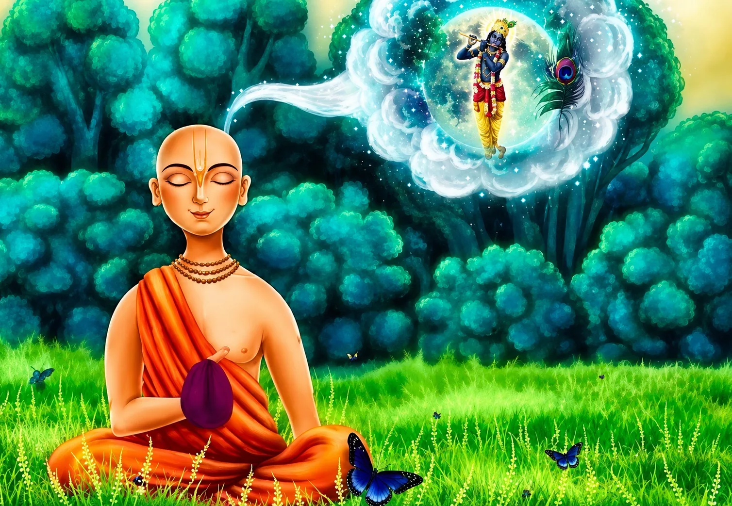 Monk meditating on Krishna